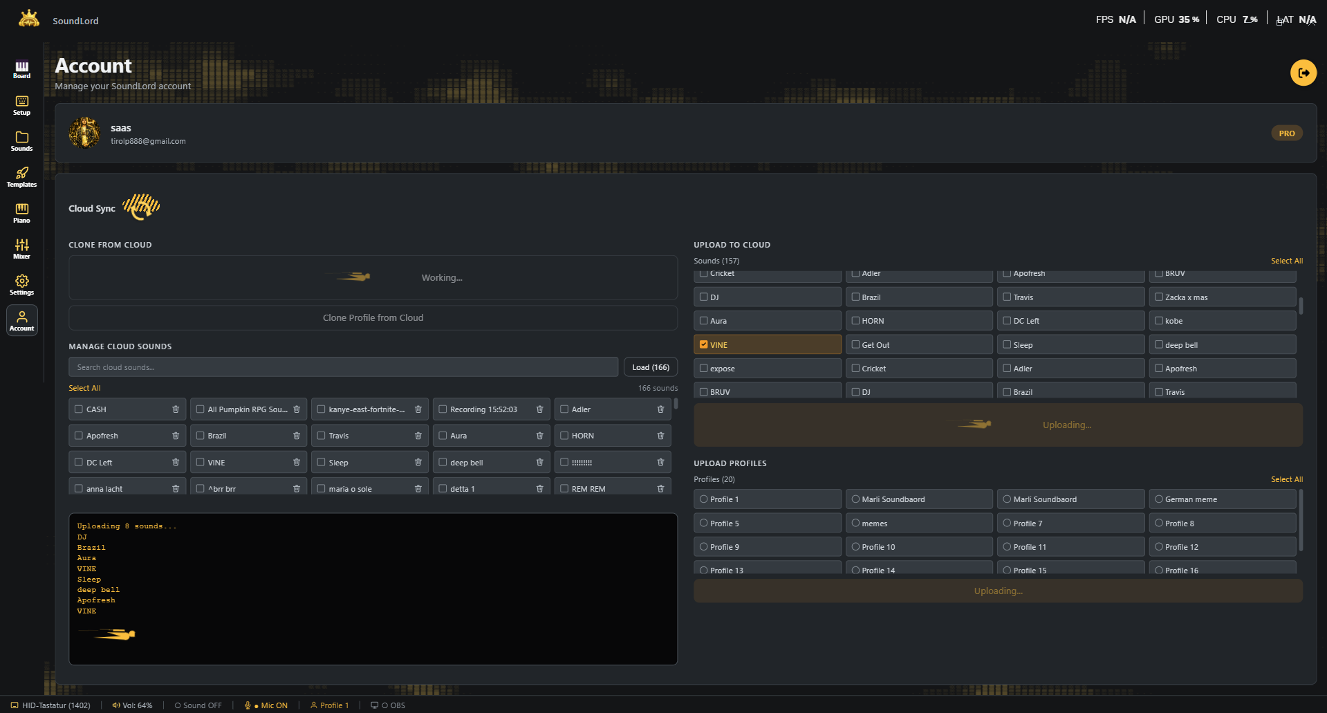SoundLord Account tab with Cloud Sync