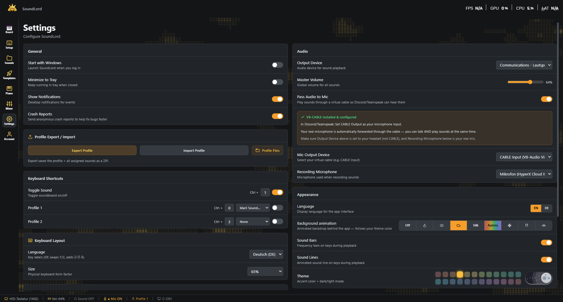SoundLord Settings tab