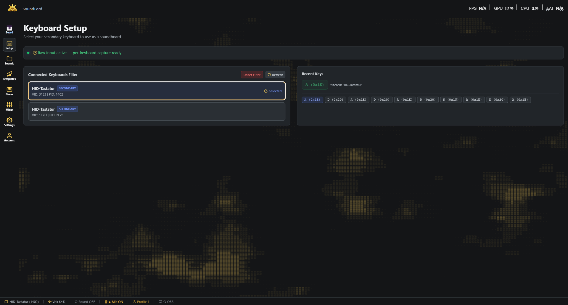 SoundLord Keyboard Setup tab