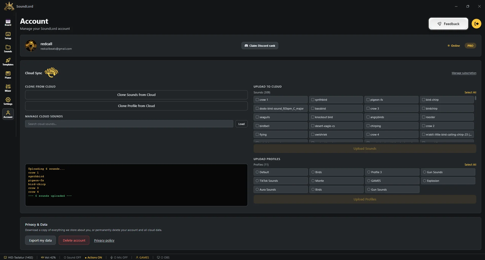 SoundLord Account tab with Cloud Sync