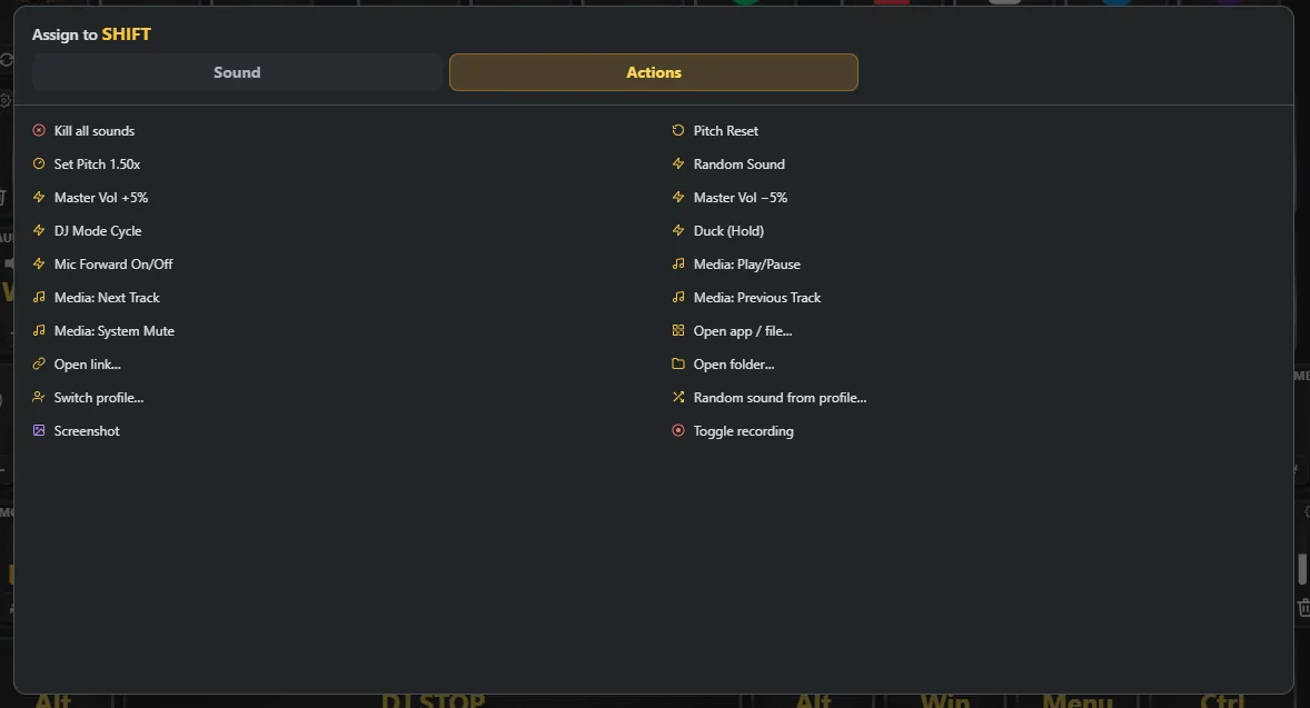 Key assignment popup with bindable actions
