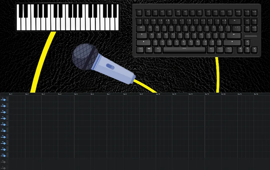 Keyboard, microphone and piano feeding into the mixer timeline