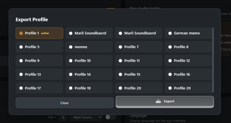 Profile export popup
