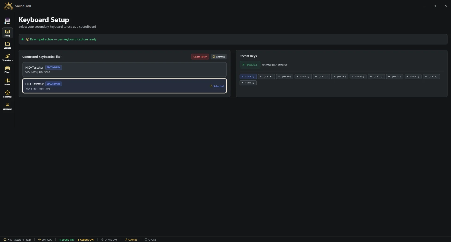 SoundLord Keyboard Setup tab